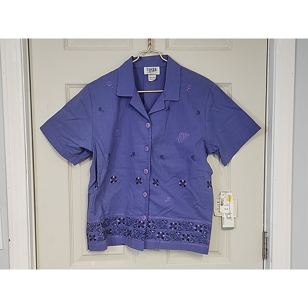Vtg Teddi Petite Women's Medium‎ Button Shirt Short Sleeve Purple Floral ~ NWT